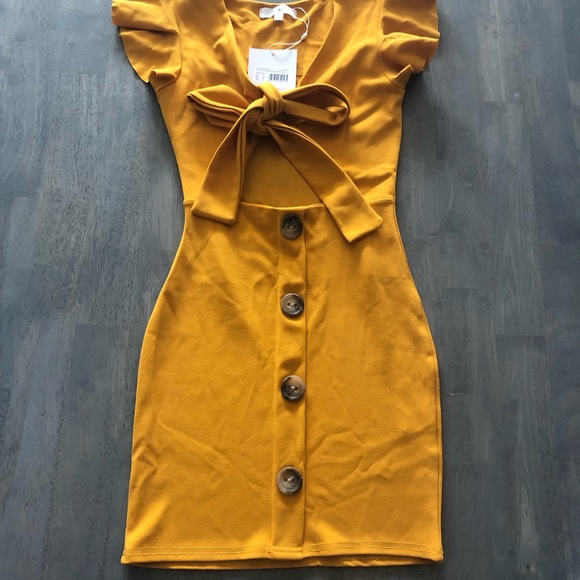 Mustard Tie Front Bottom Down Dress - Picture 3 of 7